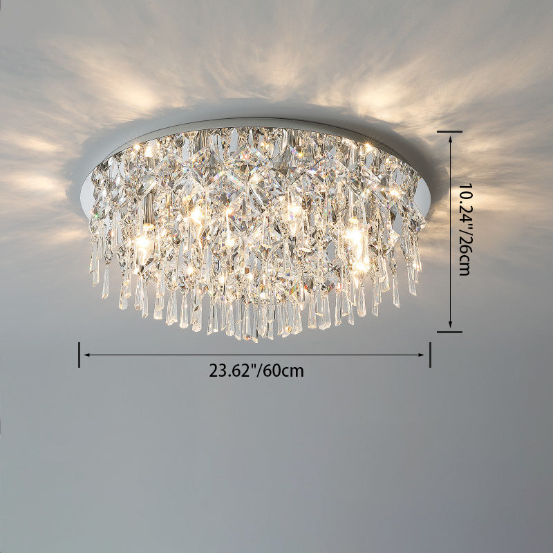 Luxe contemporain Éblouissant chaînes de cristal prismatiques Cadre rond en acier inoxydable Plafonnier encastré à 2/6/8 lumières pour salon 
