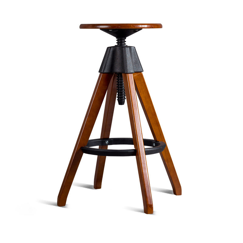 Traditioneller Vintage-Thekenhocker aus Gummibaumholz, rund, mit höhenverstellbarer Nylon-Gewindestange, drehbar, mit Fußstütze, für die Küche 