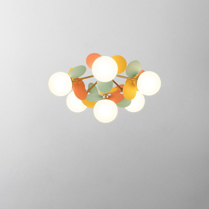 Zeitgenössische nordische Eisen Acrylglas Blume Zweig Runde Kugel 4/6/8 Licht Halbbündige Montage Deckenleuchte für Wohnzimmer 