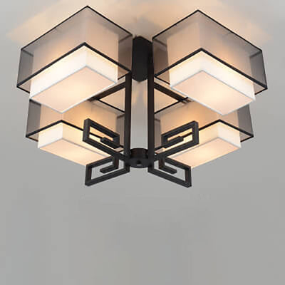 Modern Chinese Fabric Square Geometric Hardware 4-Light Semi-Flush Mount Ceiling Light