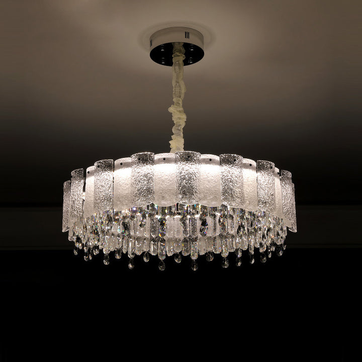 Traditionelle französische runde Ripple-Metallkristallglas-LED-Kronleuchter für Wohnzimmer 