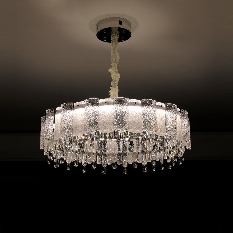 Traditionelle französische runde Ripple-Metallkristallglas-LED-Kronleuchter für Wohnzimmer 