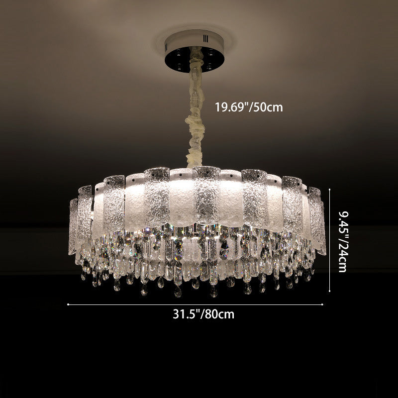 Traditionelle französische runde Ripple-Metallkristallglas-LED-Kronleuchter für Wohnzimmer 