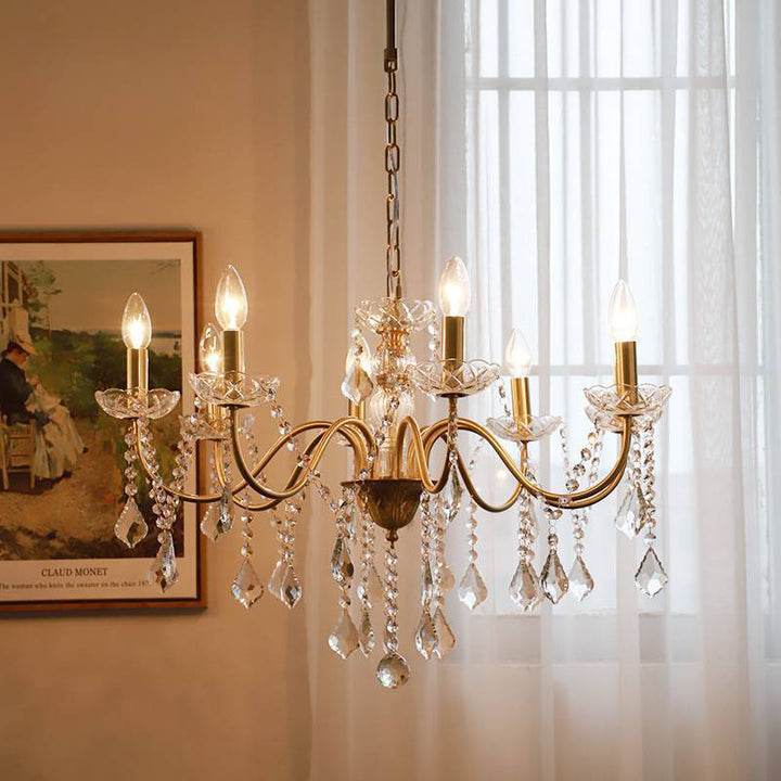 Candelabro de Cristal Redondo Francés Tradicional de Rama Completa de Latón Vidrio 5/6/8 Luces para Sala de Estar 