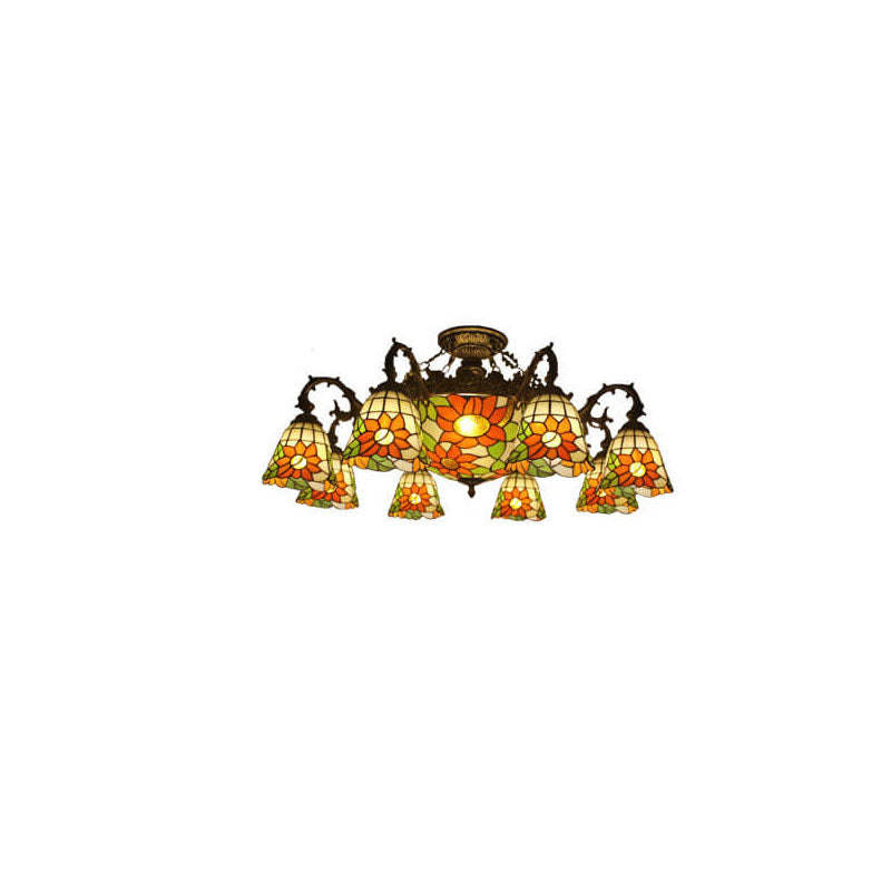 Tiffany Retro Beige Barock Buntglas 11-Licht Semi-Flush Mount Deckenleuchte 