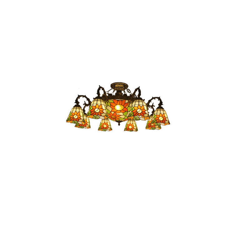 Tiffany Retro Beige Barock Buntglas 11-Licht Semi-Flush Mount Deckenleuchte 