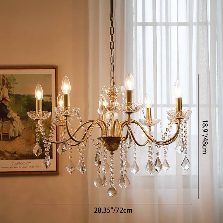 Candelabro de Cristal Redondo Francés Tradicional de Rama Completa de Latón Vidrio 5/6/8 Luces para Sala de Estar 