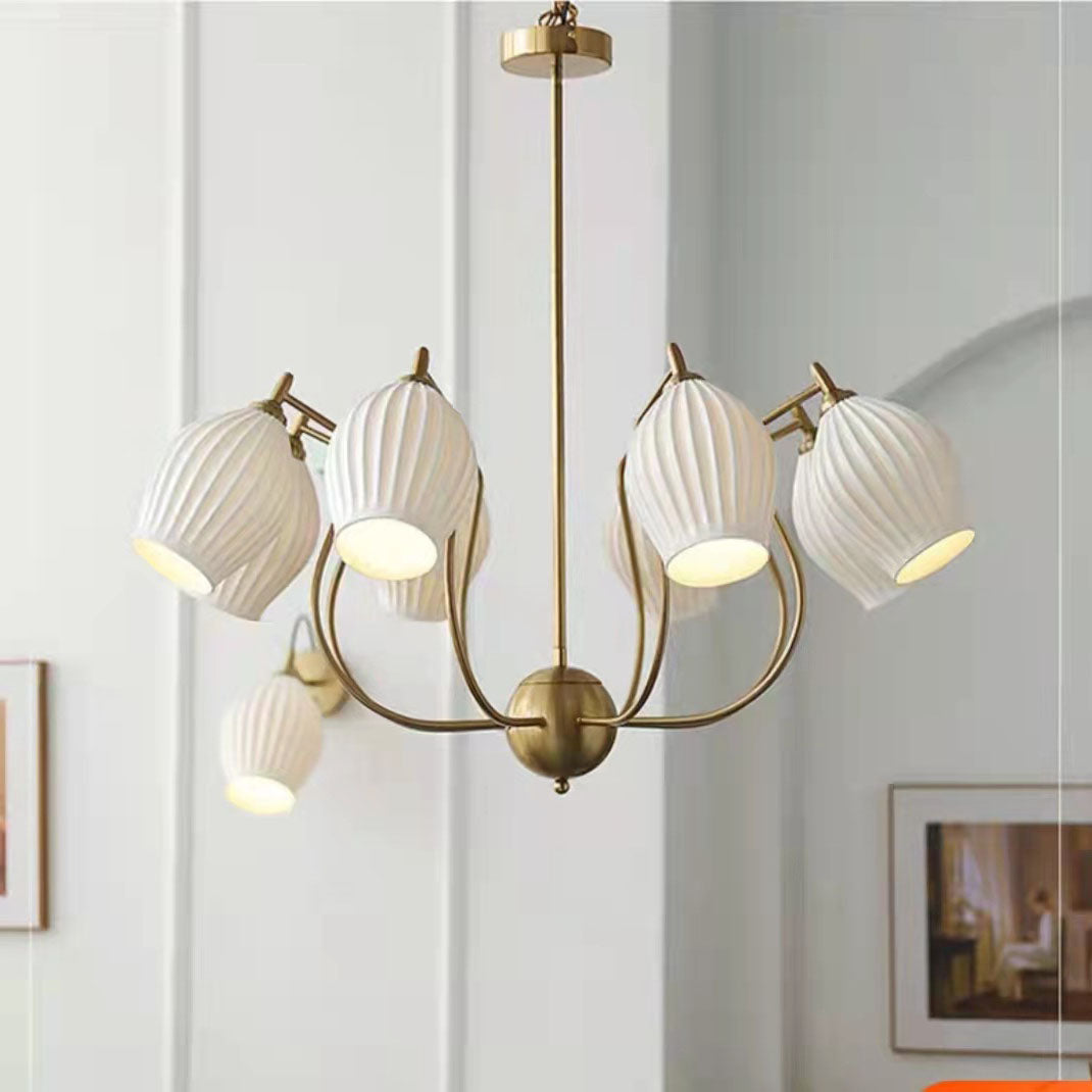 Traditioneller französischer Kronleuchter aus Eisen, Kupfer und Keramik mit Blumenglocke, gestreift, 4/6/8 Lichter für Wohnzimmer 