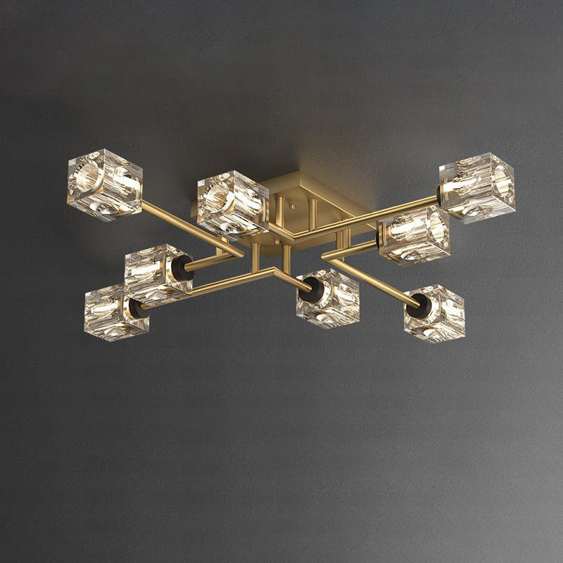 Luminaire de plafond semi-encastré contemporain de luxe branche rectangulaire en cuivre massif avec cristal 4/6/8 lumières pour salon 