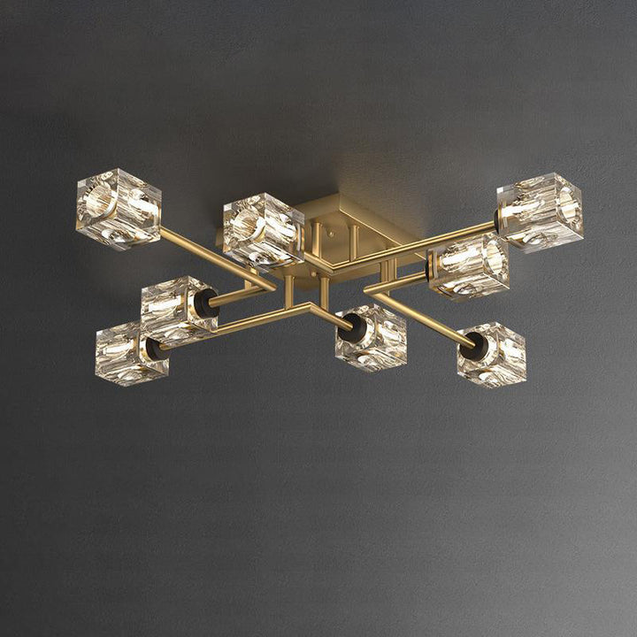 Luminaire de plafond semi-encastré contemporain de luxe branche rectangulaire en cuivre massif avec cristal 4/6/8 lumières pour salon 