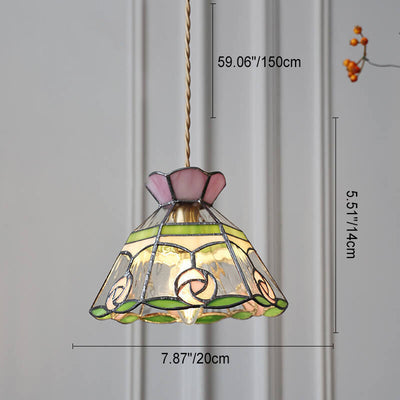 Vintage Tiffany Rose Flower Conical Stained Glass 1-Light Pendant Light