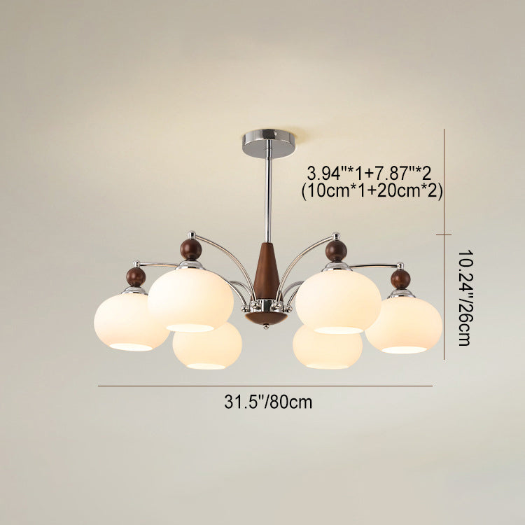 Modern Transitional Glass Round Shade Wood Branch 3/5/6/8 Light Chandelier For Living Room