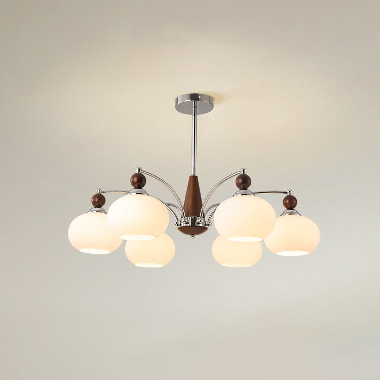 Modern Transitional Glass Round Shade Wood Branch 3/5/6/8 Light Chandelier For Living Room