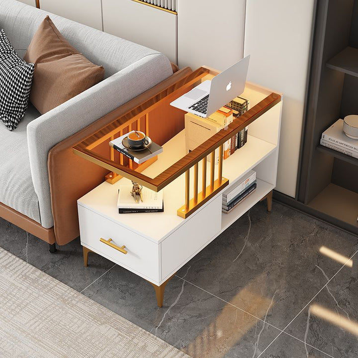 Rechteckiger Beistelltisch im zeitgenössisch-schlichten Design mit Glasplatte, 2-stufigem MDF-Schrank für das Wohnzimmer 