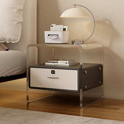 Table de nuit moderne minimaliste cubique rectangulaire en acrylique, bois et métal avec 1 tiroir pour le chevet 