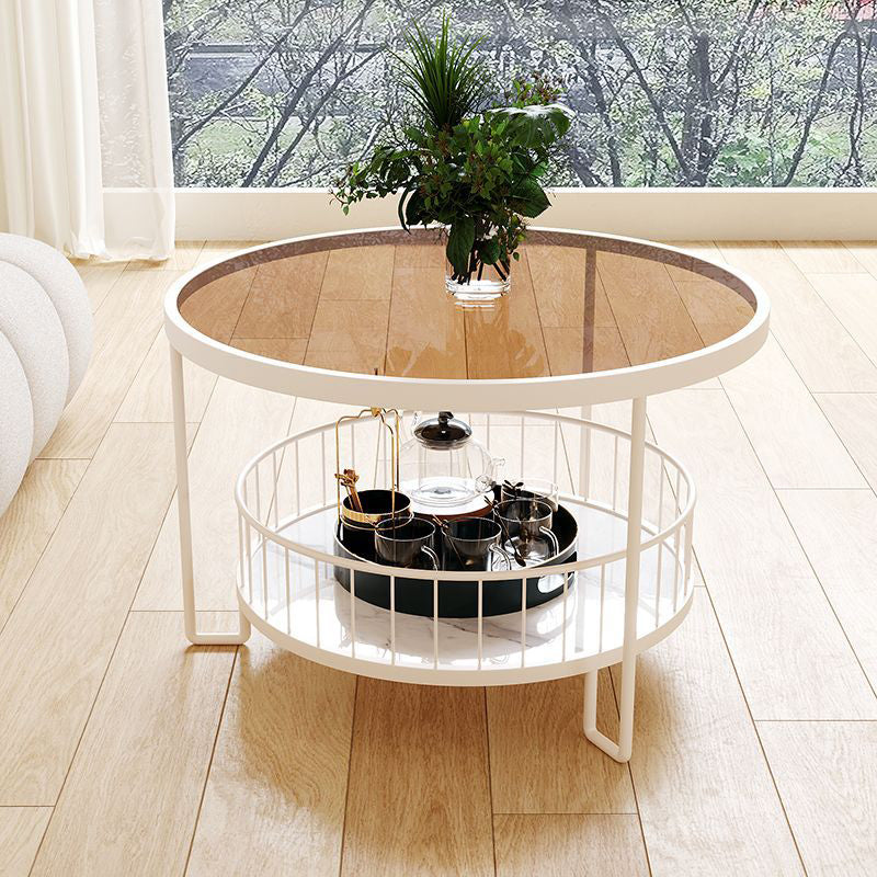 Modern Minimalist Round Tabletop Metal Tempered Glass Coffee Table 1-Shelf For Living Room