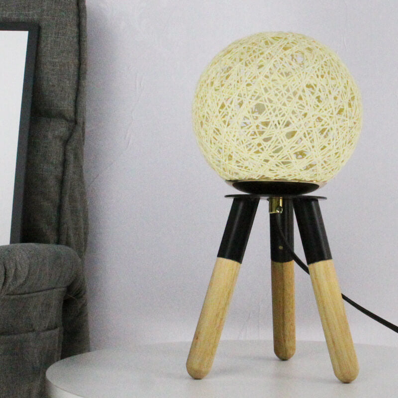 Contemporary Nordic Faux Rattan Ball Wood Metal Tripod 1-Light Table Lamp For Bedroom
