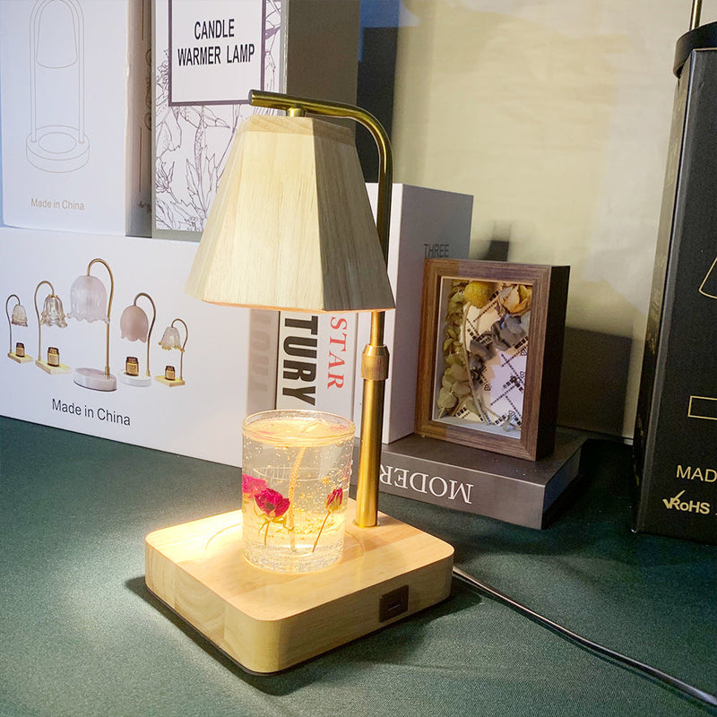 Zeitgenössische kreative sechseckige anhebbare 1-Licht-Schmelzwachs-Tischlampe aus Holz für Schlafzimmer 