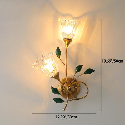 Traditional European Iron Crystal Glass Flower Leave 2-Light Wall Sconce Lamp For Living Room