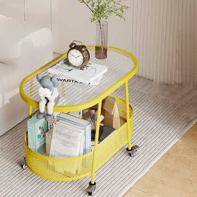 Mesa Auxiliar Rectangular de Hierro y Vidrio Minimalista Moderna de 2 Niveles para Sala de Estar 