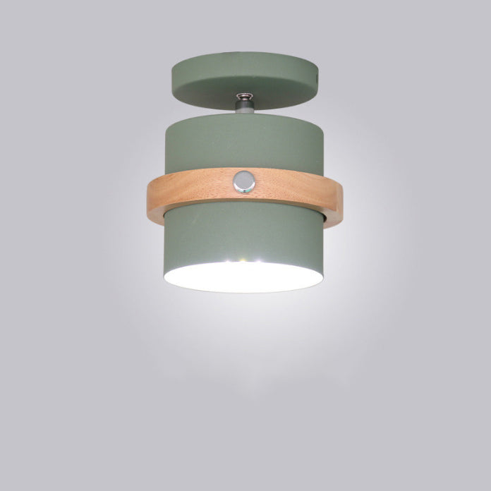 Contemporary Nordic Round Cylinder Iron Solid Wood 1-Light Semi-Flush Mount Ceiling Light For Hallway