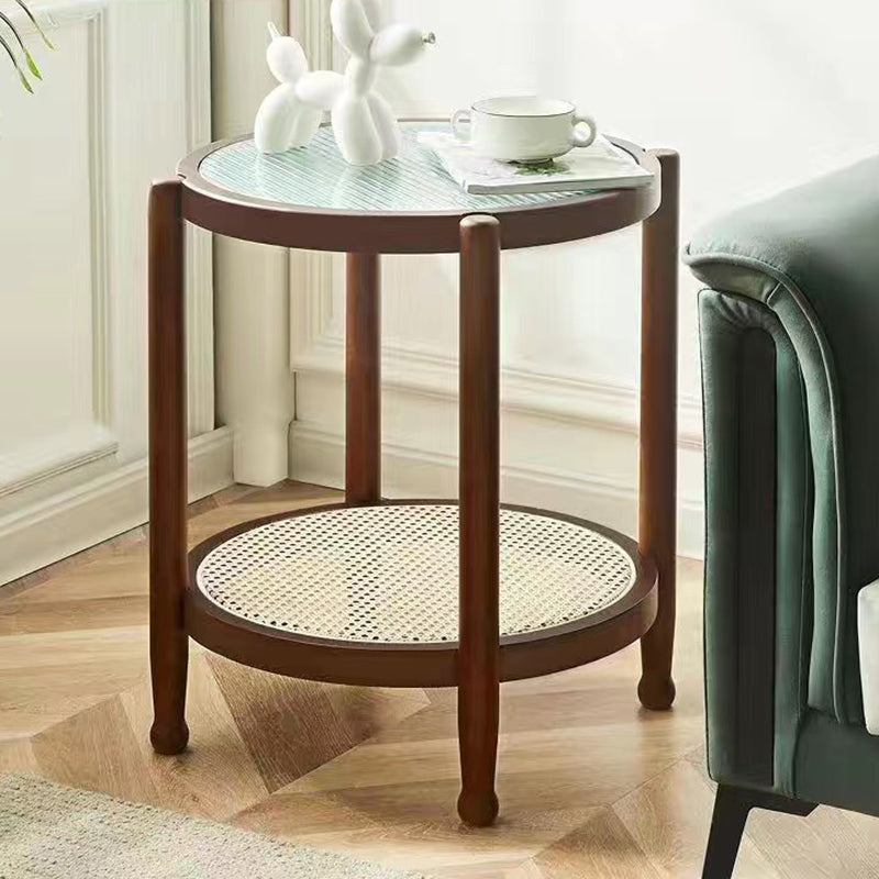 Table basse ronde minimaliste moderne en hévéa avec plateau en verre et faux rotin, à 2 niveaux, pour salon 