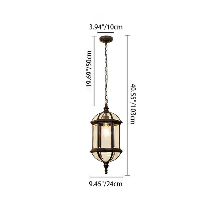 Zeitgenössische Retro sechseckige Laterne Glas Aluminium 1-Licht wasserdichte Pendelleuchte für Terrasse im Freien 