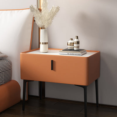 Zeitgenössischer skandinavischer rechteckiger Holz-Leder-Kohlenstoff-Legierungsnachttisch mit 1 Schublade und kabelloser Handy-Ladestation für das Bett 