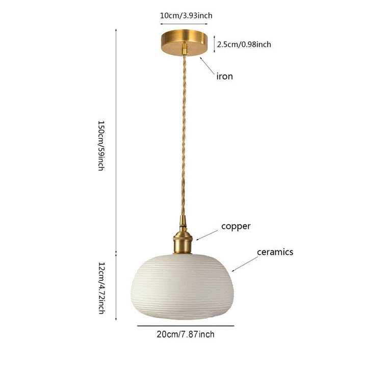 Lustre suspendu en céramique à rayures cylindriques irrégulières nordiques contemporaines avec cuivre et 1 lumière pour salon 