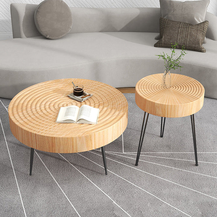 Moderner minimalistischer runder Couchtisch aus Kiefernholz und Eisen für das Wohnzimmer 