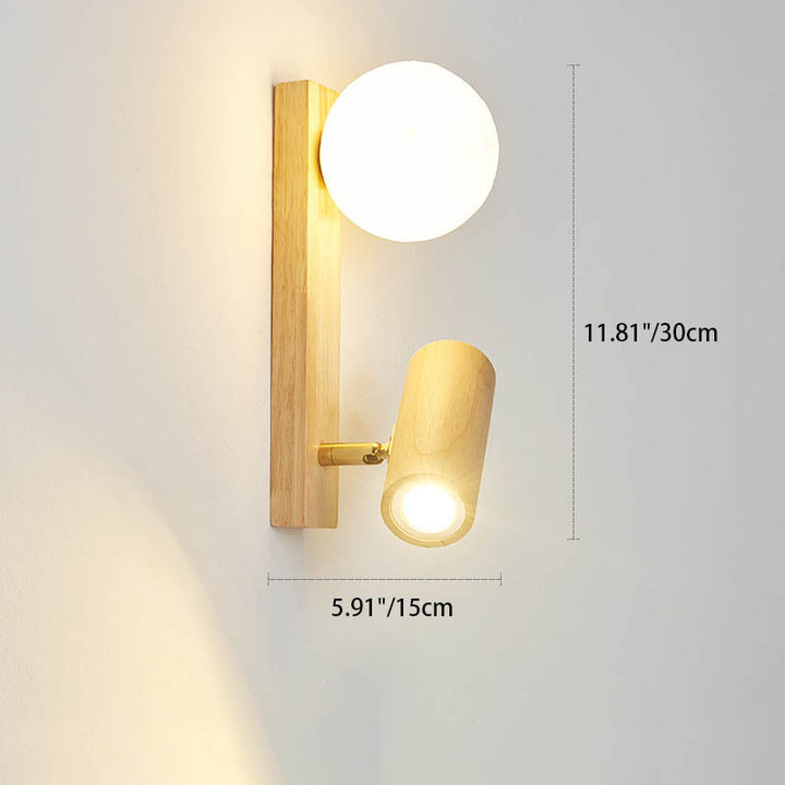Applique murale LED en bois de caoutchouc avec boule ronde rectangulaire de simplicité moderne pour chambre à coucher 