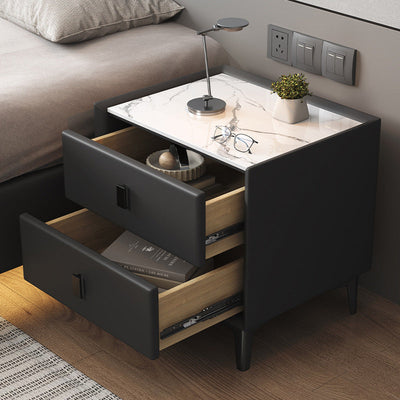 Table de nuit moderne en bois massif à dessus en pierre frittée cubique à 2 tiroirs pour chambre à coucher 