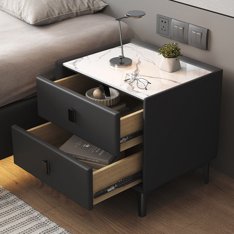 Table de nuit moderne en bois massif à dessus en pierre frittée cubique à 2 tiroirs pour chambre à coucher 