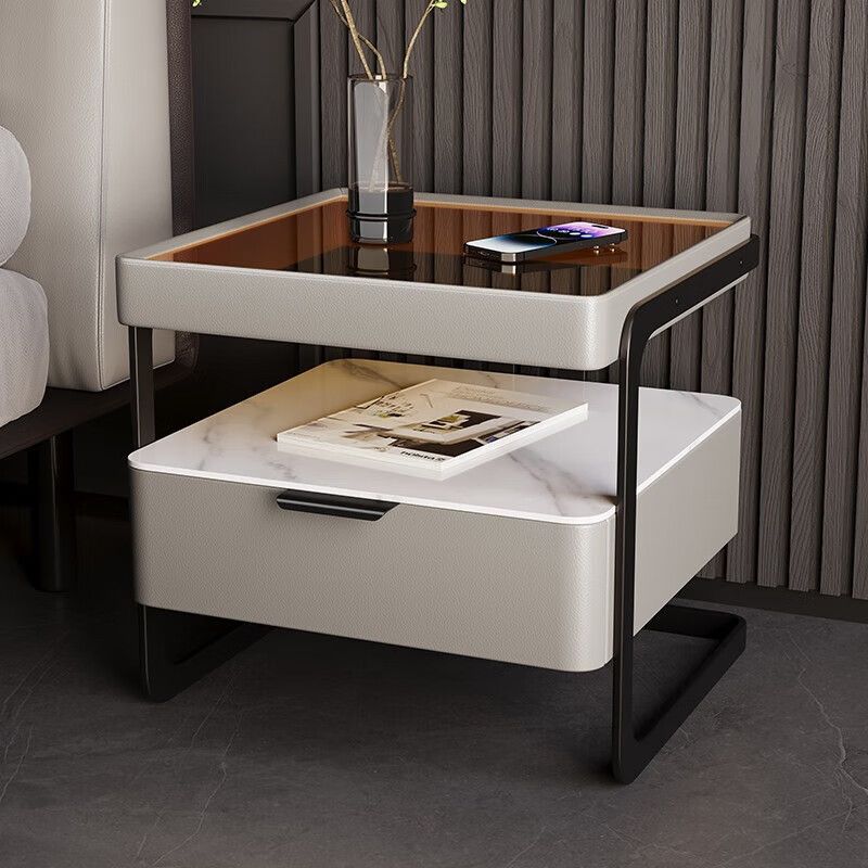 Table de nuit moderne minimaliste rectangulaire en verre renforcé avec dalle de roche et fer, 1 tiroir pour chambre à coucher 