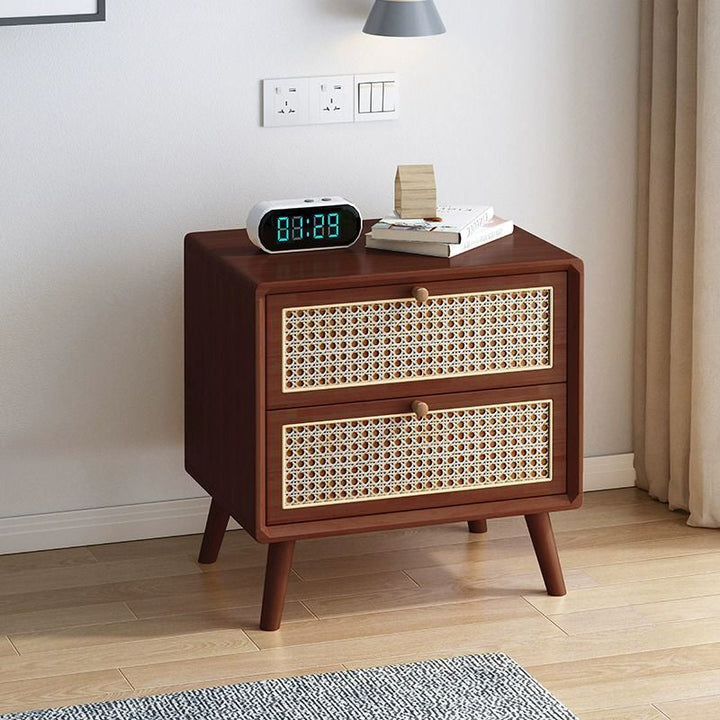Table d'appoint carrée en bois massif avec tissage en rotin, 2 tiroirs pour salon 