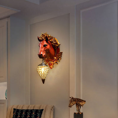 Modern Eclectic Resin Horse Head Decor Crystal Round Shade 1-Light Wall Sconce Lamp For Living Room