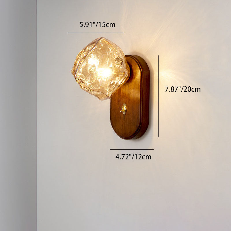 Traditional Japanese Oval Ice Cube Shape Solid Wood Glass 1-Light Wall Sconce Lamp For Bedroom