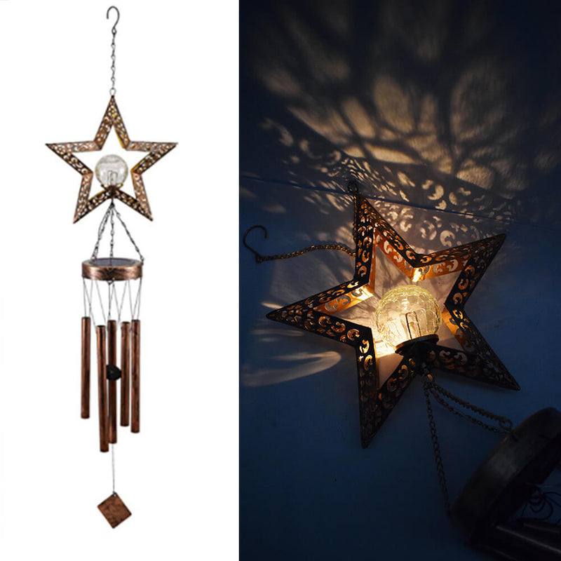 Modern Art Deco Solar Sun Star Wind Chime Iron Glass LED Outdoor Light For Garden