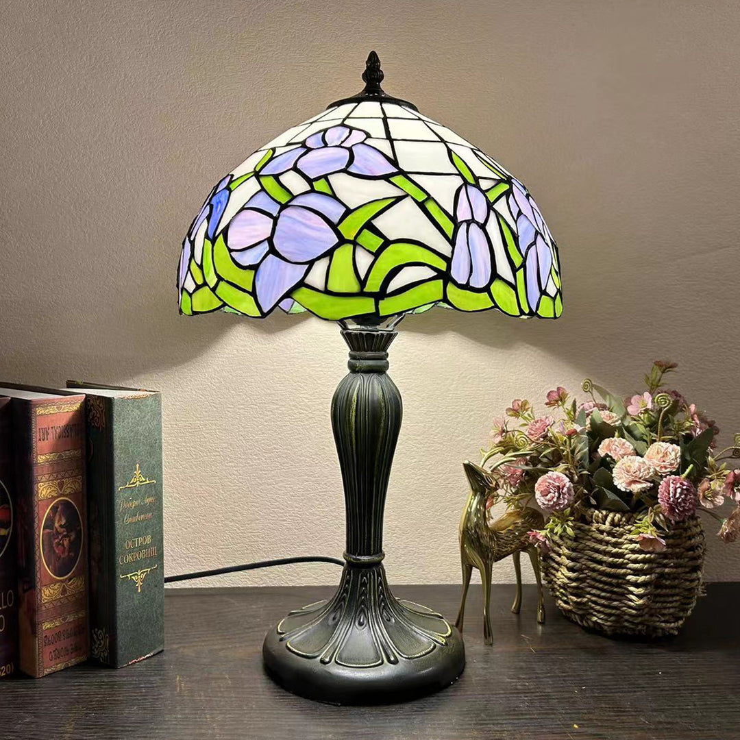 Lampe de table à 1 lumière en verre teinté alliage de fleurs en dôme rond traditionnel Tiffany pour salon 