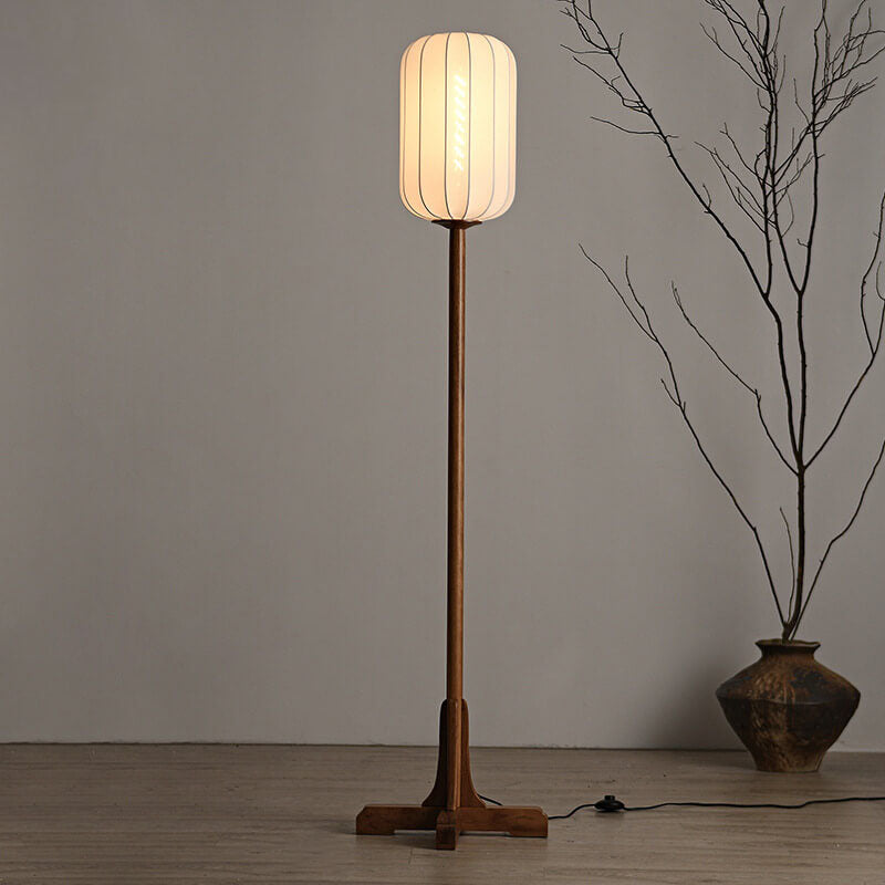 Japanese Zen Rosewood Base Silk Lantern Shade 1-Light Standing Floor Lamp