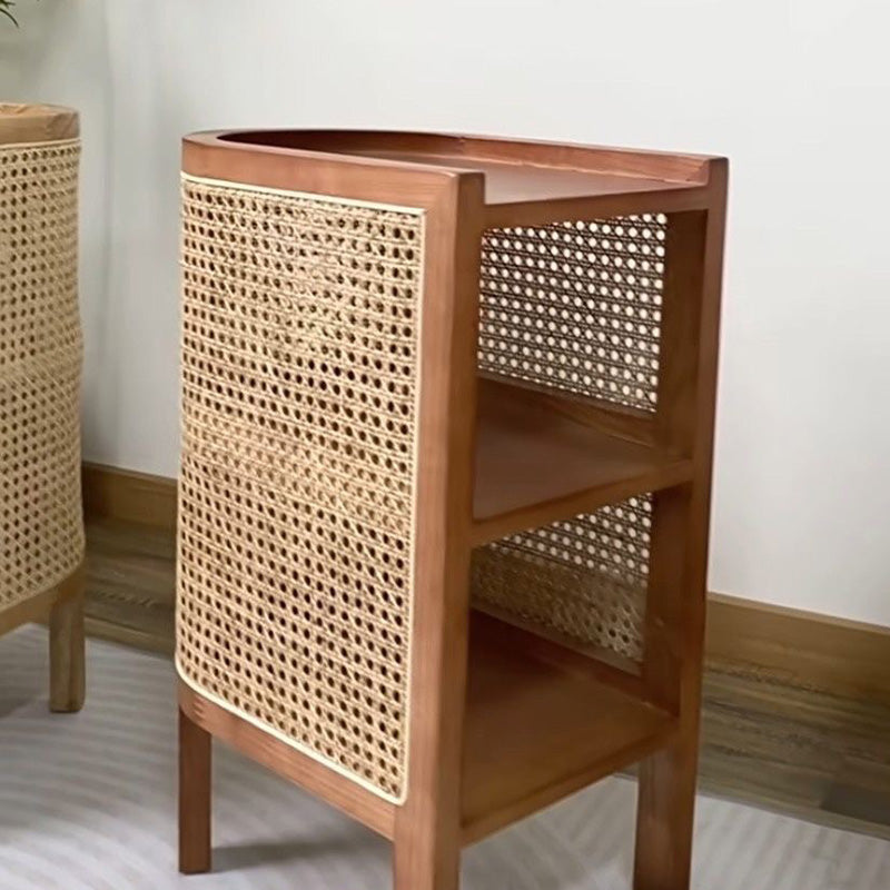 Table de nuit en bois de frêne avec tissage japonais traditionnel semi-circulaire elliptique en rotin à 2 rangements pour le chevet 