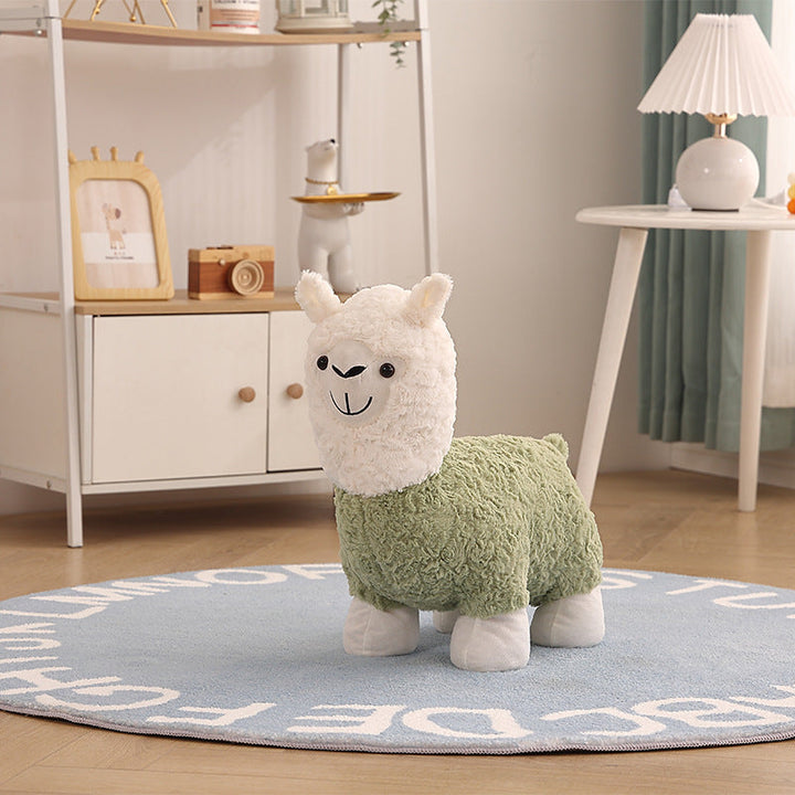 Moderner kreativer Fußhocker mit Rückenlehne im Alpaka-Design aus Teddyfleece für das Wohnzimmer 
