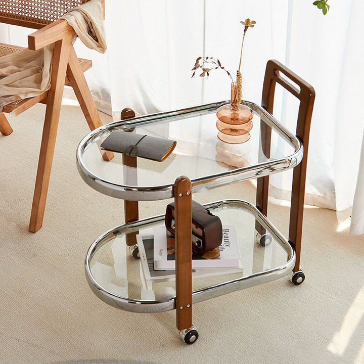 Traditioneller japanischer abnehmbarer ovaler Beistelltisch aus Kautschukholz, Eisen und Glas, 2-stöckig, für das Wohnzimmer 