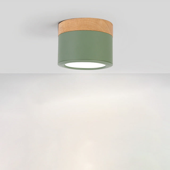 Luz de techo LED de montaje empotrado de cilindro de madera, hierro y acrílico escandinavo contemporáneo para pasillo 