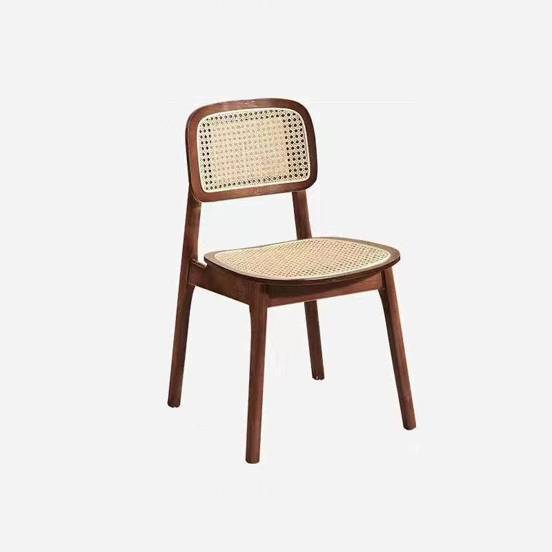 Moderner minimalistischer Esszimmerstuhl aus PET-Rattan und Kautschukholz mit quadratischer Rückenlehne 