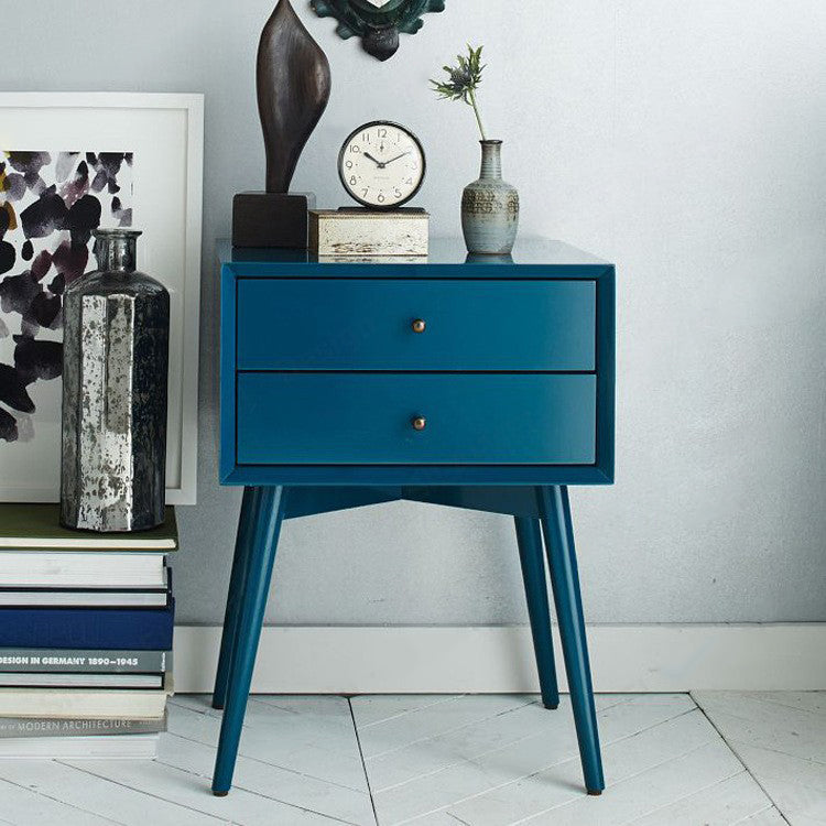 Contemporary Nordic Rectangular Wood Side Table 2-Drawer For Living Room
