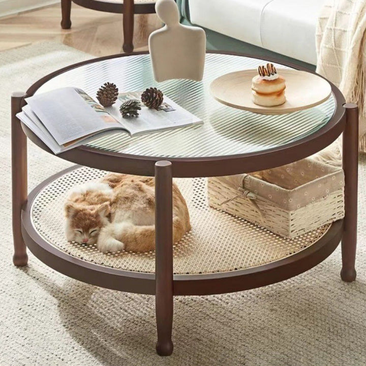 Modern Minimalist Round Horizontal Strip Glass Plastic Rattan Rubberwood Coffee Table 2-Tier For Living Room