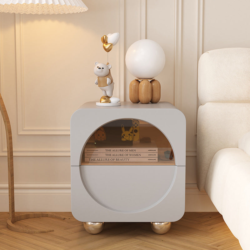 Modern Minimalist Round Corner Rectangular MDF Microfiber Leather Glass Stainless Steel Nightstand 2-Drawer For Bedroom