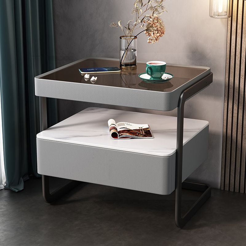 Table de nuit moderne minimaliste rectangulaire en verre trempé avec serrure et 1 tiroir pour chambre 