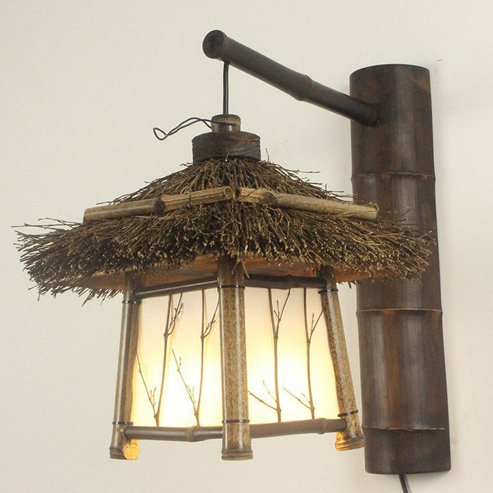 Applique murale rustique traditionnelle en bambou à 1 lumière pour patio extérieur 